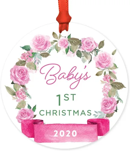 Vista 57 de Andaz Press Adorno de Navidad de madera grabado con láser para aniversario de boda, 1 año juntos, Navidad 2025, pancarta de flores rosas, 1 paquete