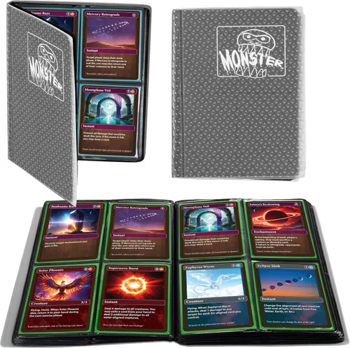 Vista 19 de Monster - Carpeta para tarjetas coleccionables de 4 bolsillos, álbum Holofoil negro, protección TCG antirrobo y anticaídas con bolsillos laterales
