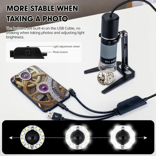 Vista 5 de Microscopio USB 1080P con soporte de metal, cámara de microscopio digital de mano 50X-1000X compatible con iPhone/Android/Windows/Mac