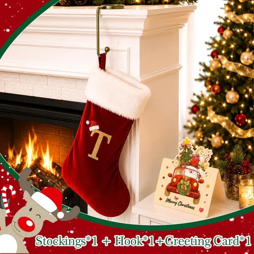 Vista 4 de Calcetines de Navidad personalizados con monograma, con inicial familiar, 20 pulgadas, puño de felpa blanca supersuave con cuerpo de terciopelo rojo