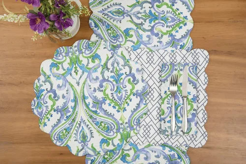 Vista 6 de C&F Home Juliet - Juego de 6 manteles individuales rectangulares acolchados reversibles con patrón de cachemira azul, verde y blanco