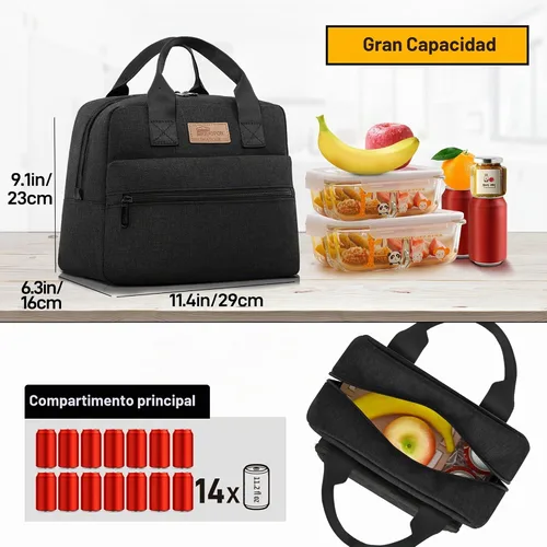 Vista 3 de HOMESPON Bolsa de almuerzo aislada para mujeres y hombres, lonchera hielera para el trabajo, picnic (negro)
