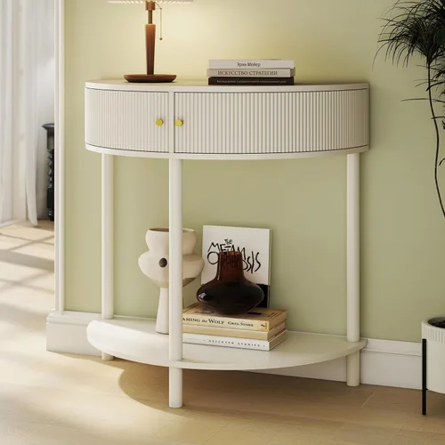 Vista 18 de Knocbel Mesa consola Half Moon con puerta con patrón de ondas, mesa auxiliar de sofá semicírculo con 2 cajones de almacenamiento y estante inferior