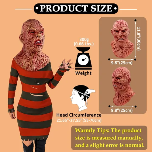 Vista 6 de Máscara de disfraz de Freddy Krueger para Halloween, disfraz de hombre muerto espeluznante, cabeza completa, máscaras realistas para adultos