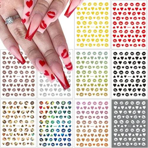 Vista 2 de 10 hojas de calcomanías de arte de uñas para el día de San Valentín, calcomanías de labios sexys 3D, holográficas de corazón, autoadhesivas, diseño