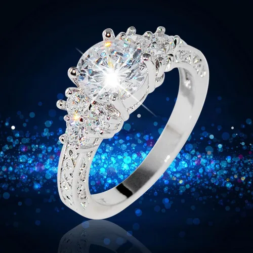 Vista 5 de Anillo de plata de diamante de lujo, anillo de compromiso, anillo de boda, anillo de circonita, joyería para tu princesa, Metal, Sin piedras