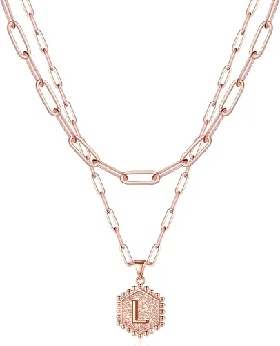 Vista 16 de M MOOHAM - Delicado collar de oro para mujer, de 14 quilates, en capas, lindos collares con letra hexagonal con inicial para mujer, regalos