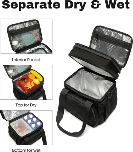 Vista 7 de SUNNY BIRD Bolsa de almuerzo de doble compartimento, lonchera aislada de 13L para adultos, para el trabajo (Negro)