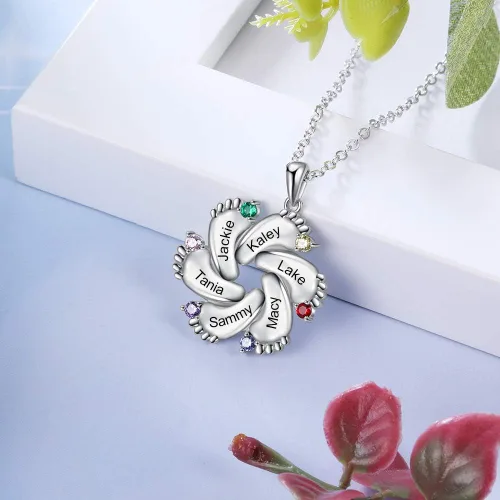 Vista 4 de ROSI - Collar personalizado con nombre de madre con 1-6 piedras natales, collar con colgante de pies de bebé, collar con dije con nombre grabado
