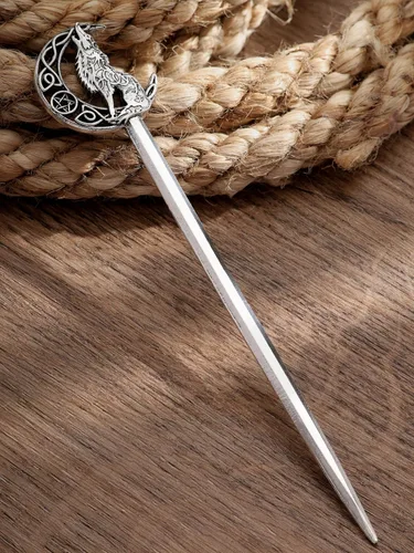 Vista 7 de HAQUIL Wolf Crescent Moon - Palo de pelo para mujeres y hombres, horquilla gótica punk con diseño vikingo para hombres y mujeres, joyería de regalo