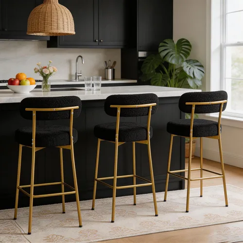 Vista 16 de Juego de 2 Taburetes de Bar Negros, Taburetes de Mostrador Modernos de 24" con Respaldos, Taburetes de Bar Tapizados de Bouclé con Patas Doradas