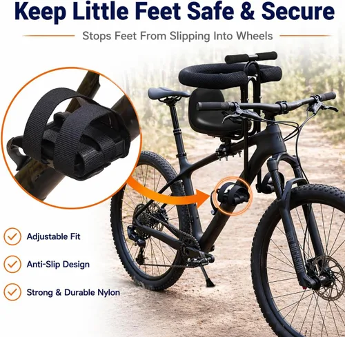 Vista 3 de Asiento de bicicleta infantil montado en la parte delantera para adulto MTB, portabicicletas interactivo para niños con barandilla completa, pedales
