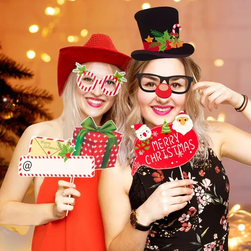 Vista 4 de SUNBEAUTY 28 piezas de accesorios de cabina de fotos de Navidad, suministros de fiesta de Navidad, accesorios de cabina de fotos para selfies