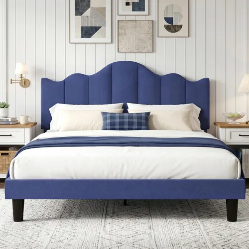 Vista 20 de VECELO Base de cama tamaño matrimonial, cabecera tapizada ajustable con botones, marco de cama resistente con soporte de listones de madera,