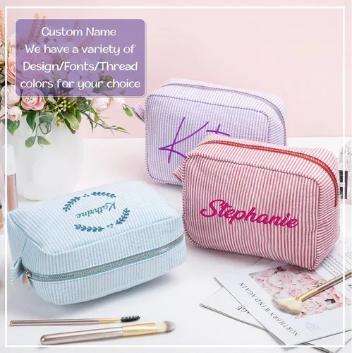Vista 2 de Roycraft Bolsa de maquillaje de viaje y cosméticos para mujer, Raya, Seersucker bordado
