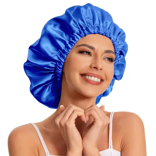 Vista 17 de Gorro de satén de seda para dormir, gorro de satén para dormir, gorro de satén para dormir para cabello natural y rizado (negro y verde negruzco)
