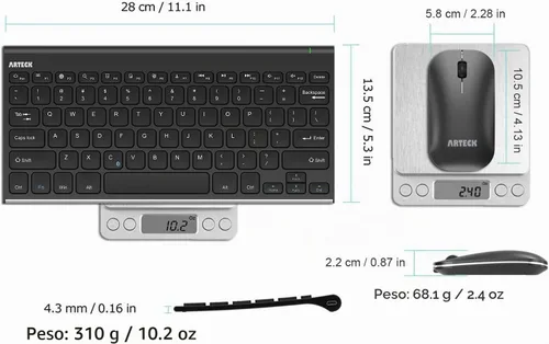 Vista 6 de Arteck Combo de teclado y mouse Bluetooth ultra compacto, delgado de acero inoxidable, tamaño completo y ratones ergonómicos