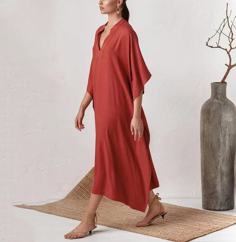 Vista 2 de Vestido de caftán con cuello en V y estampado de rayas para mujer talla grande