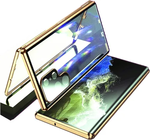 Vista 10 de Funda para Galaxy S21 con bloqueo de seguridad + adsorción magnética, vidrio templado de doble cara, a prueba de golpes, parachoques de aluminio