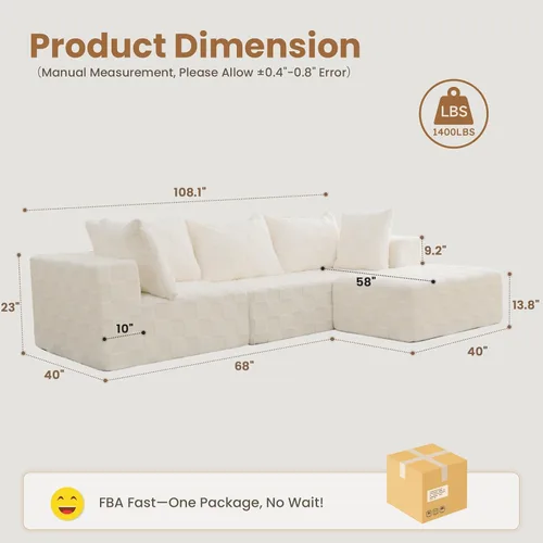 Vista 2 de Sofá modular seccional, sofá deshuesado en forma de L de 108 pulgadas con asiento profundo, sofá nube de pana para sala de estar, dormitorio,