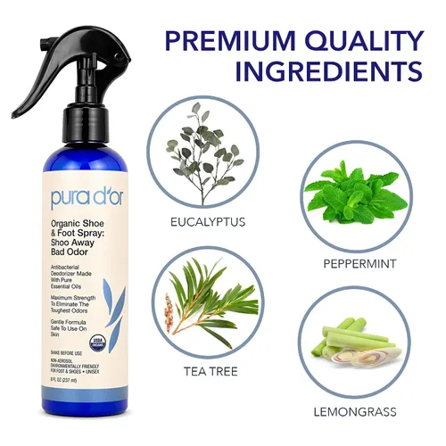 Vista 4 de PURA D'OR Spray orgánico eliminador de olores para zapatos y pies (8 onzas) desodoriza y elimina los malos olores con eucalipto, menta, árbol de té