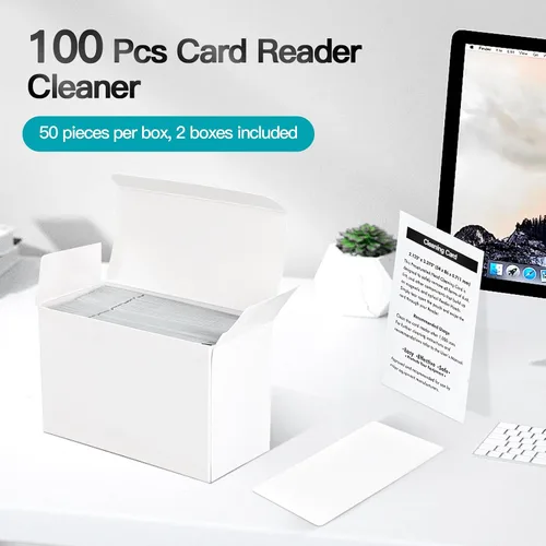 Vista 2 de 100 tarjetas de limpieza para lector de tarjetas de crédito, hojas de limpieza CR80 de doble cara para terminales POS, impresoras y lectores