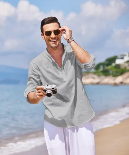 Vista 5 de COOFANDY Camiseta Henley de algodón y lino para hombre, de manga larga, estilo hippie, casual, playera