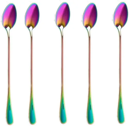Vista 2 de Juego de 10 cucharas de mango largo para té helado, café y postres, acero inoxidable con cucharas mezcladoras chapadas en oro
