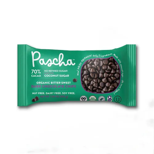 Vista 14 de Pascha Chips de chocolate negro semidulce orgánico con 55% de cacao, chips para hornear a granel, chocolate vegano suave para hornear, sin alérgenos