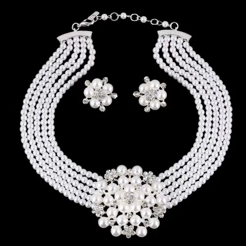 Vista 6 de Conjunto de joyería de gargantilla exagerada y elegante de múltiples capas con perlas de imitación + aretes, collar de novia, accesorios