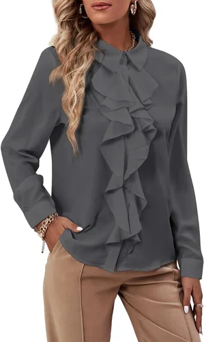 Vista 23 de LYANER - Blusa de manga larga con cuello de botón y volantes en la parte delantera para mujer