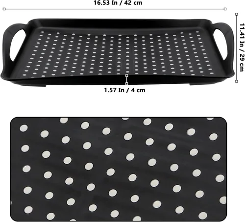 Vista 2 de Paquete de 4 bandejas antideslizantes para servir alimentos con asas, bandeja rectangular de plástico de 16.5 x 11.4 x 1.57 pulgadas, bandeja negra
