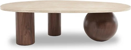 Vista 6 de Mesa auxiliar ovalada moderna de 55 pulgadas, patas de diseño de nogal y mesa curva con acabado de mármol sintético, mesa central de sofá de madera