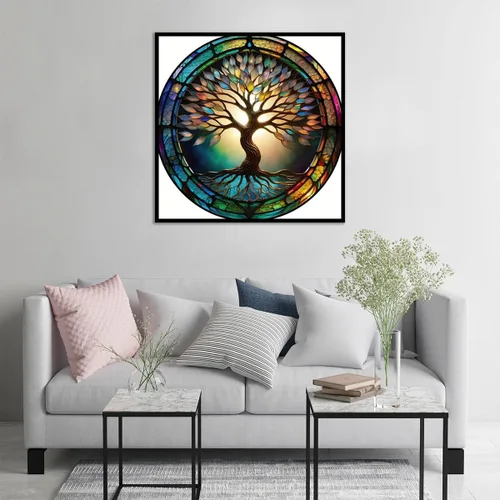 Vista 2 de JFYHAB Kits de Pintura de Diamante 5D Vida de Árbol de Vidrio Manchado DIY Diamante Taladro Redondo Completo Arte de Diamante Pintura para Adultos
