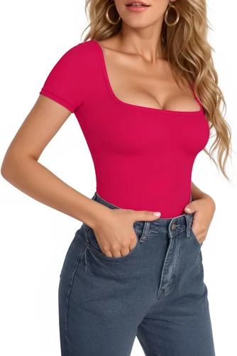 Vista 111 de MANGOPOP - Body de manga corta con cuello cuadrado para mujer