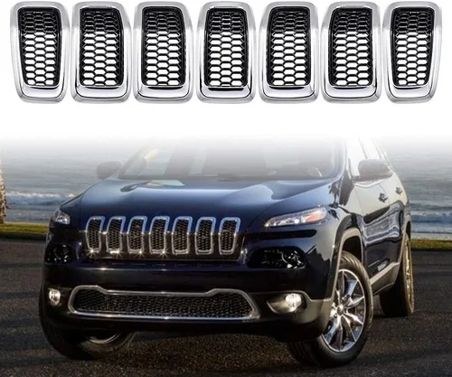 Vista 5 de Juego de insertos de rejilla de malla de panal de abeja, color negro, kit de moldura cromada compatible con Jeep Cherokee 2014-2018