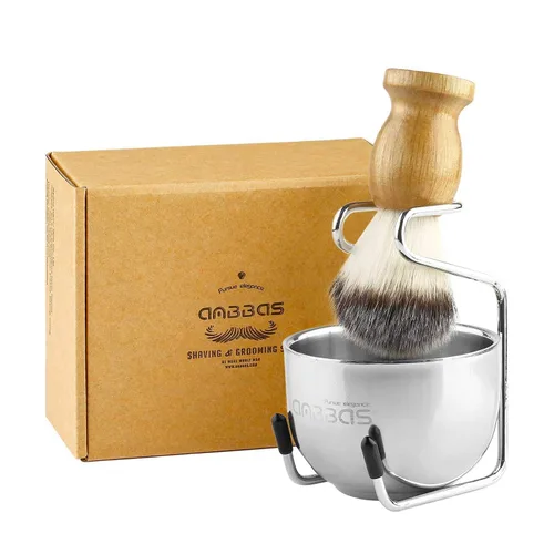 Vista 7 de Anbbas brocha de afeitar con pelo sintético de tejón y mango de madera, soporte y cuenco de afeitado de acero inoxidable, perfecto para afeitado