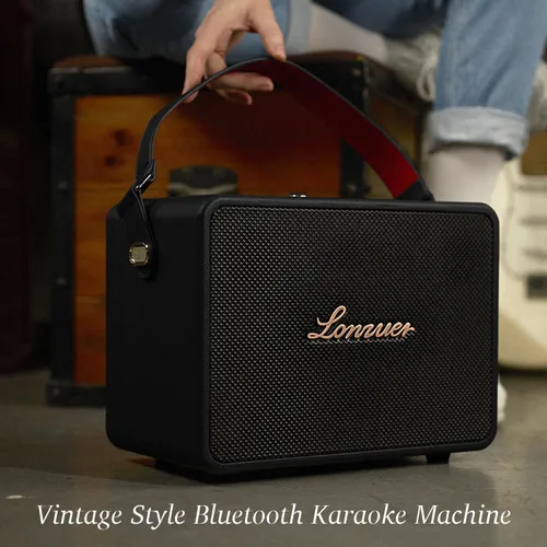 Vista 3 de Máquina de karaoke portátil recargable de 18000mAh 120W con graves potentes Bluetooth con 2 micrófonos inalámbricos Entrada AUX para guitarra