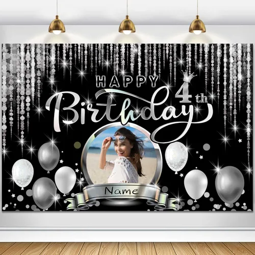 Vista 109 de Cartel de decoración de feliz cumpleaños número 100 personalizado - Personalización disponible - Negro y plateado - Tamaño grande - Admite fotos