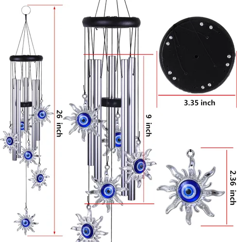 Vista 3 de Campanillas de viento azules con ojo maléfico para decoración exterior, atrapavientos móvil con sol y ojo maléfico, campanas de viento con sol y ojo