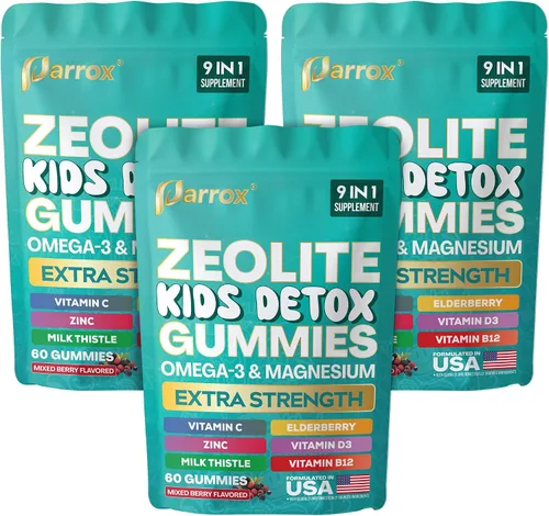 Vista 10 de Gomitas de Zeolita Parrox para Niños, 9-en-1 con Zeolita, Omega-3, Magnesio, Saúco, Vitamina C, Cardo Mariano, Vitamina D3, Zinc, B12 – Sin Azúcar