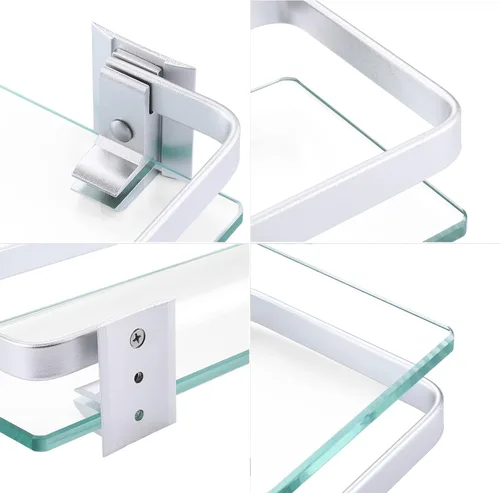 Vista 8 de Baño estante de vidrio Kes con riel de aluminio y extra grueso vidrio templado, estantería de ducha rectangular estilo contemporáneo soporte