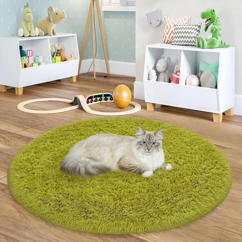 Vista 37 de Alfombra circular pequeña para dormitorio, 2 x 2 pies, color azul, para decoración de habitación de niños, redonda esponjosa para guardería