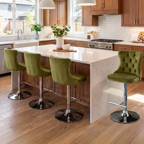 Vista 159 de SoarFlash Juego de 2 taburetes de bar tapizados de terciopelo moderno con patas de madera, botones acolchados, cabeza de clavo cromada, asiento