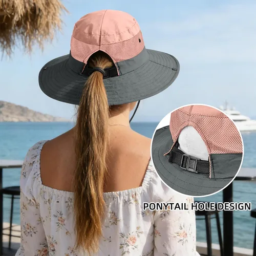 Vista 12 de Rosoz Sombreros de cola de caballo para mujer, protección UV, ala ancha 1 paquete-negro