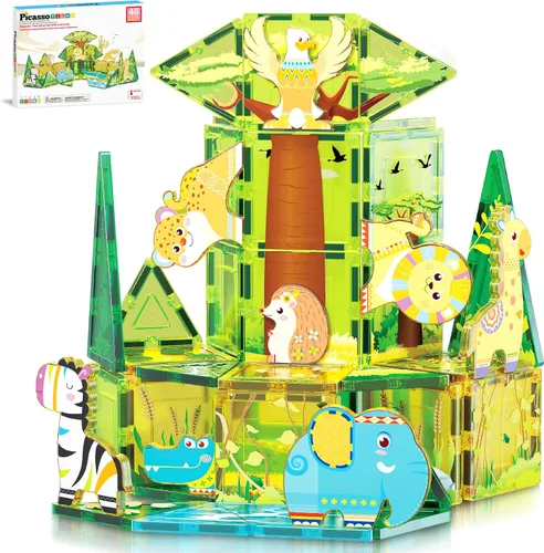 Vista 14 de PicassoTiles - Juego de 38 piezas de bloques de construcción con azulejos magnéticos, tema de dinosaurios, con 8 figuras de acción magnetizadas