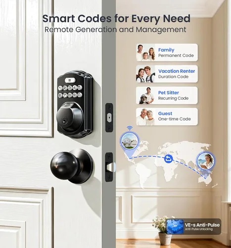 Vista 4 de Veise VE012W-K - Cerradura inteligente de huellas dactilares WiFi integrada con 2 perillas, no necesita concentrador, control remoto por aplicación