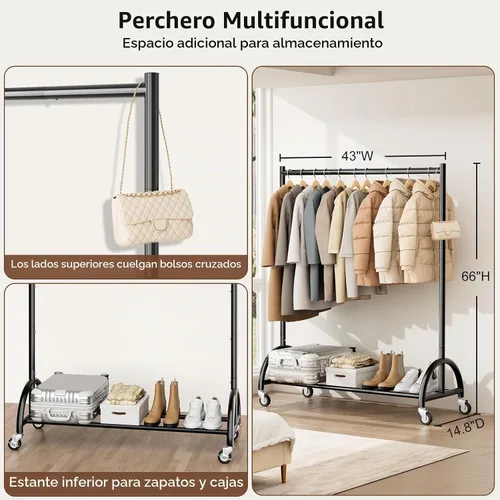 Vista 5 de MISSLO Perchero resistente con ruedas para ropa, estantes enrollables para colgar ropa, abrigos, prendas, vestidos, color negro