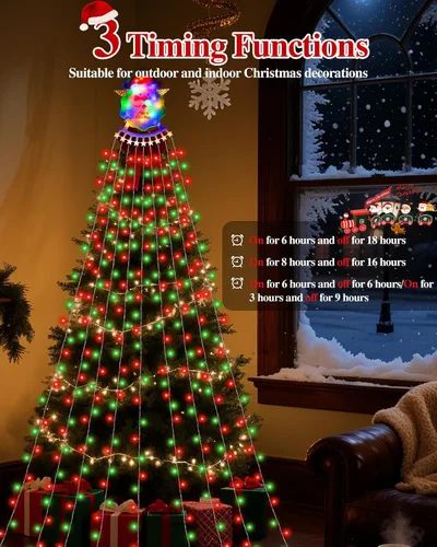 Vista 4 de Guirnalda de luces de cascada de Navidad para exteriores, luces de árbol de Navidad con 335 luces LED de 11.48 pies, 9 hebras, 8 modos