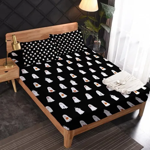 Vista 2 de Juego de sábanas de fantasma tamaño individual, sábanas de microfibra suave y bolsillo profundo, sábanas y fundas de almohada estampadas sin